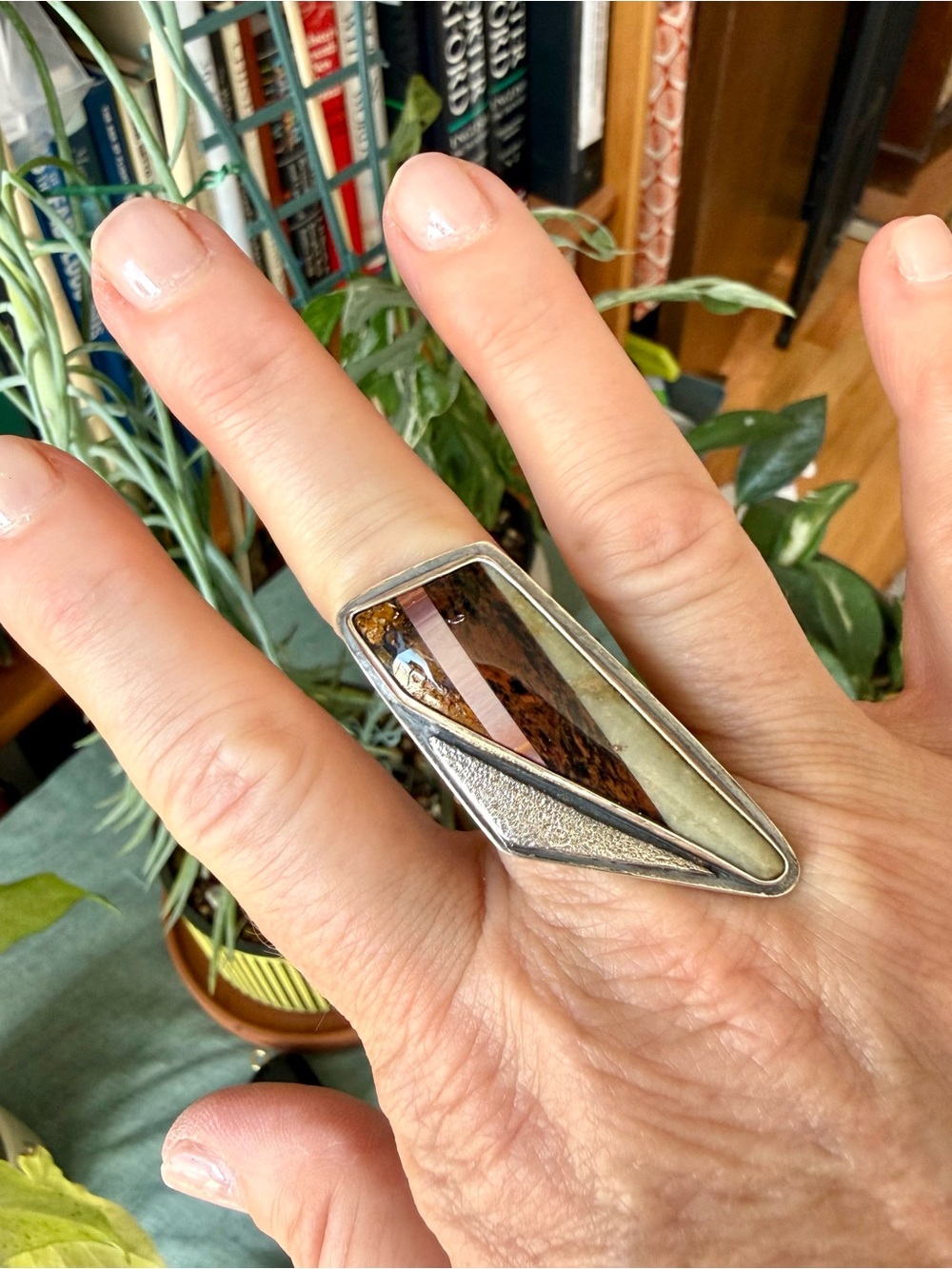 Sterling and Intarsia Stone Ring, US 7.5
